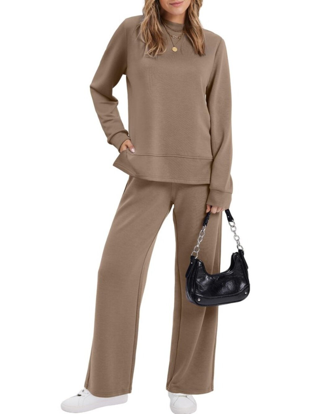 Women's Side Slit Lounge Sets 2 Piece Outfits Mock Neck Tracksuit Fashion